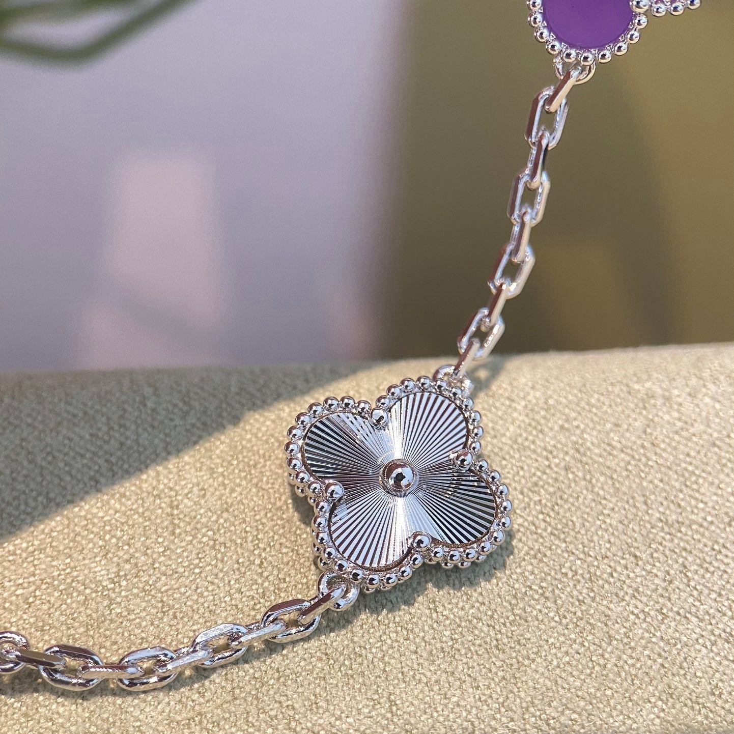 [AuraEcho]CLOVER  5 MOTIFS  PURPLE VIOLET BRACELET SILVER