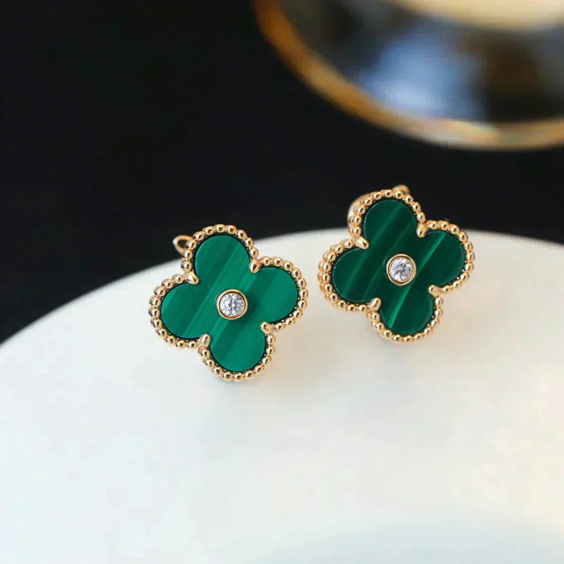 [AuraEcho]CLOVER MEDIUM 1 MOTIFS MALACHITE DIAMOND EARRINGS