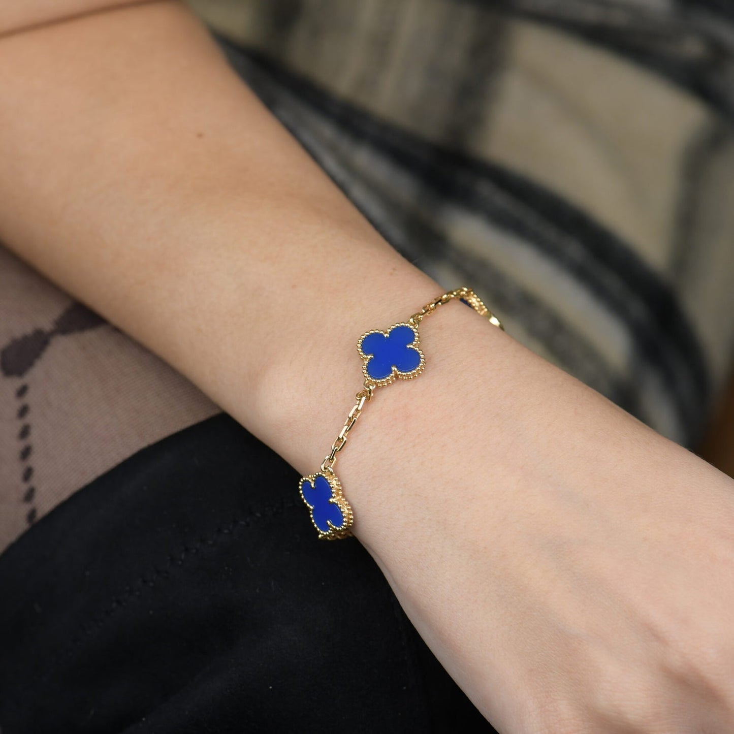 [AuraEcho]CLOVER 5 MOTIFS BLUE AGATE BRACELET
